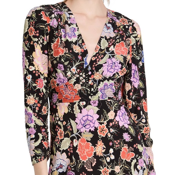 Rixo NWT Black Floral Long Sleeve Mini Dress 2 XXS Buttons Sold out Boho - Picture 3 of 16